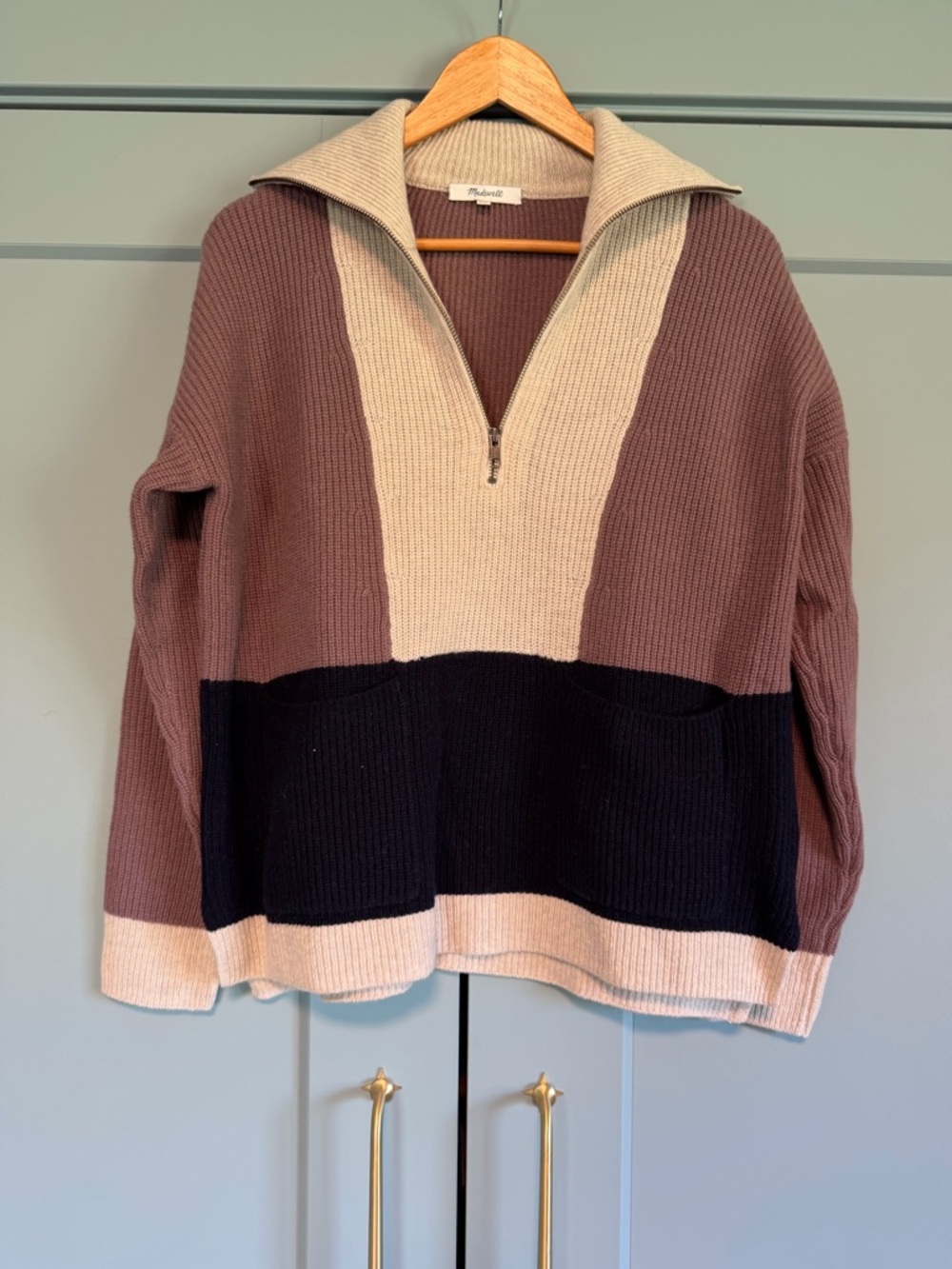Madewell Ribbed Half-Zip Colorblock Sweater in Mauve, Cream & Black